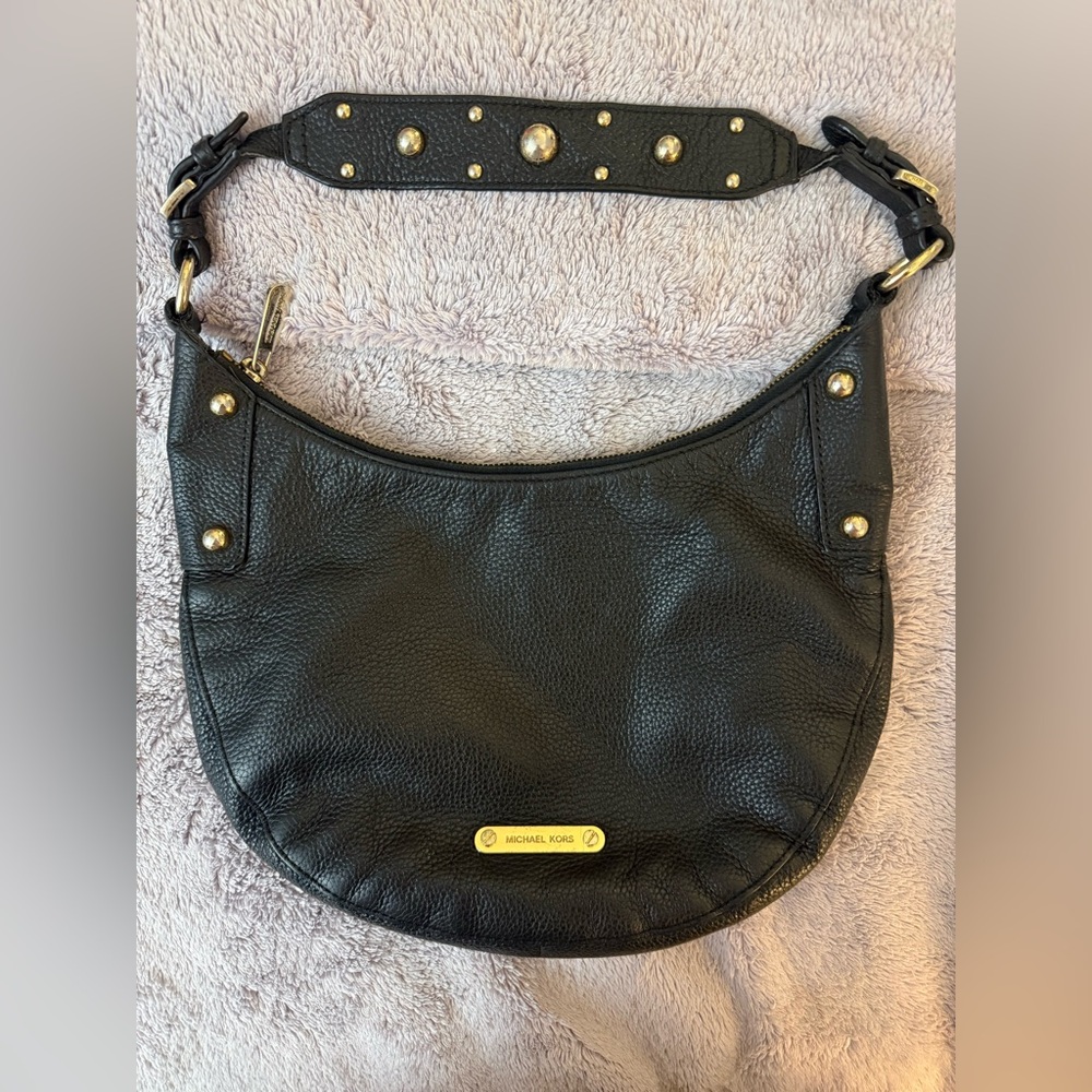 Vintage Michael Kors Medium Black Pebbled Leather Studded Hobo Bag